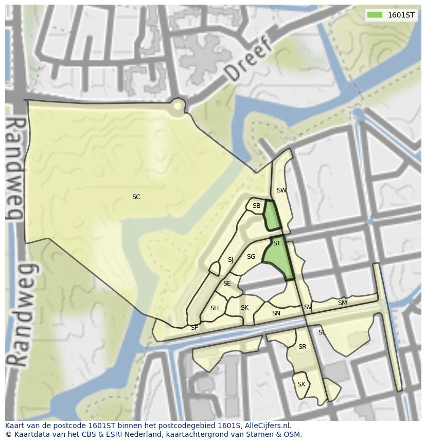 Afbeelding van het postcodegebied 1601 ST op de kaart.