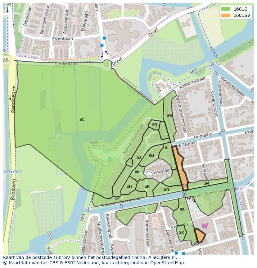 Afbeelding van het postcodegebied 1601 SV op de kaart.