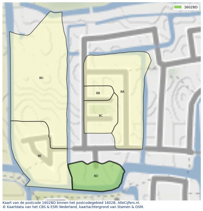 Afbeelding van het postcodegebied 1602 BD op de kaart.