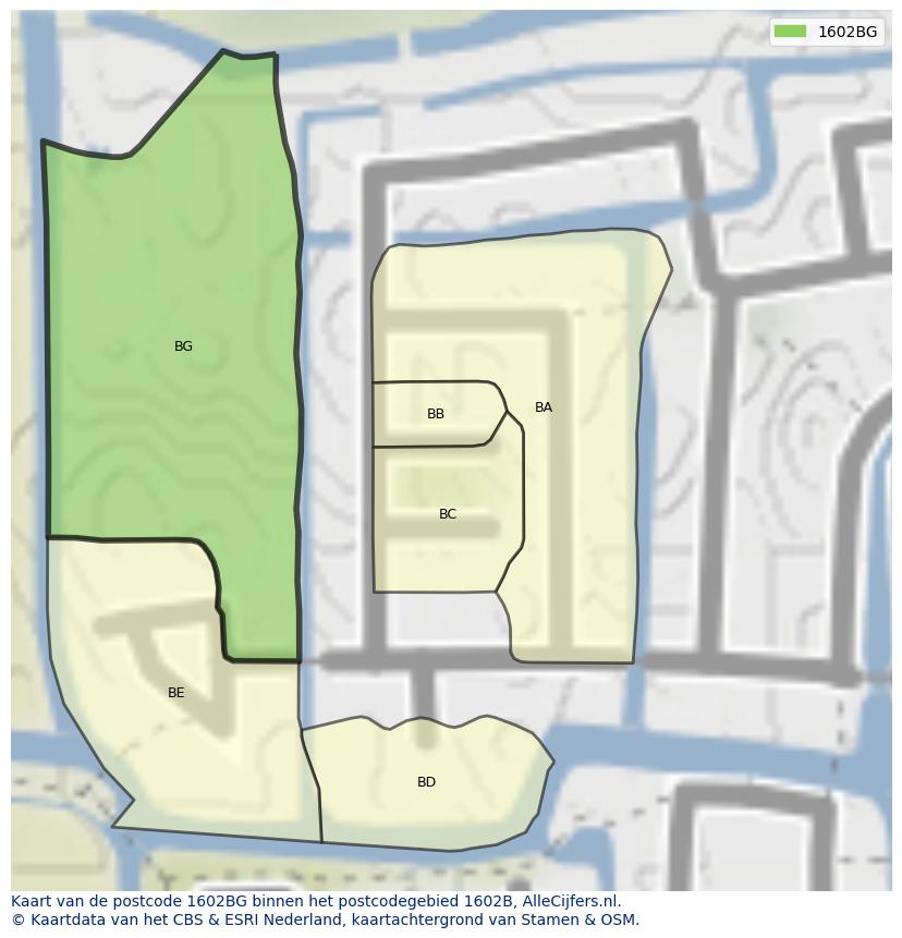 Afbeelding van het postcodegebied 1602 BG op de kaart.