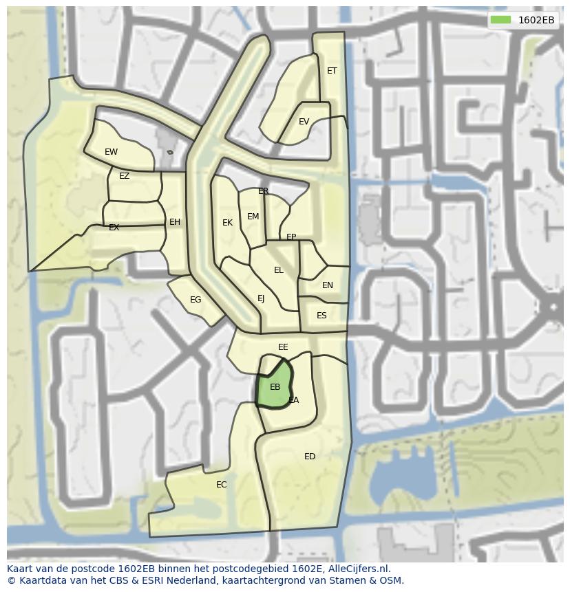 Afbeelding van het postcodegebied 1602 EB op de kaart.