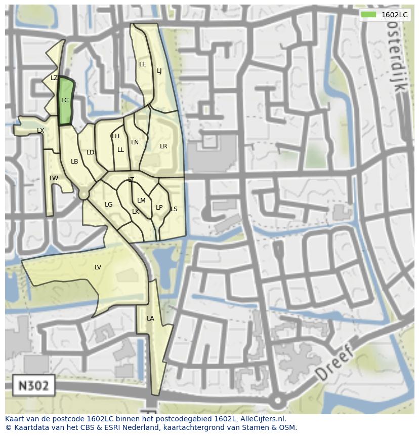 Afbeelding van het postcodegebied 1602 LC op de kaart.