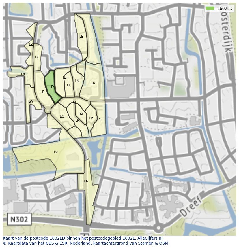 Afbeelding van het postcodegebied 1602 LD op de kaart.