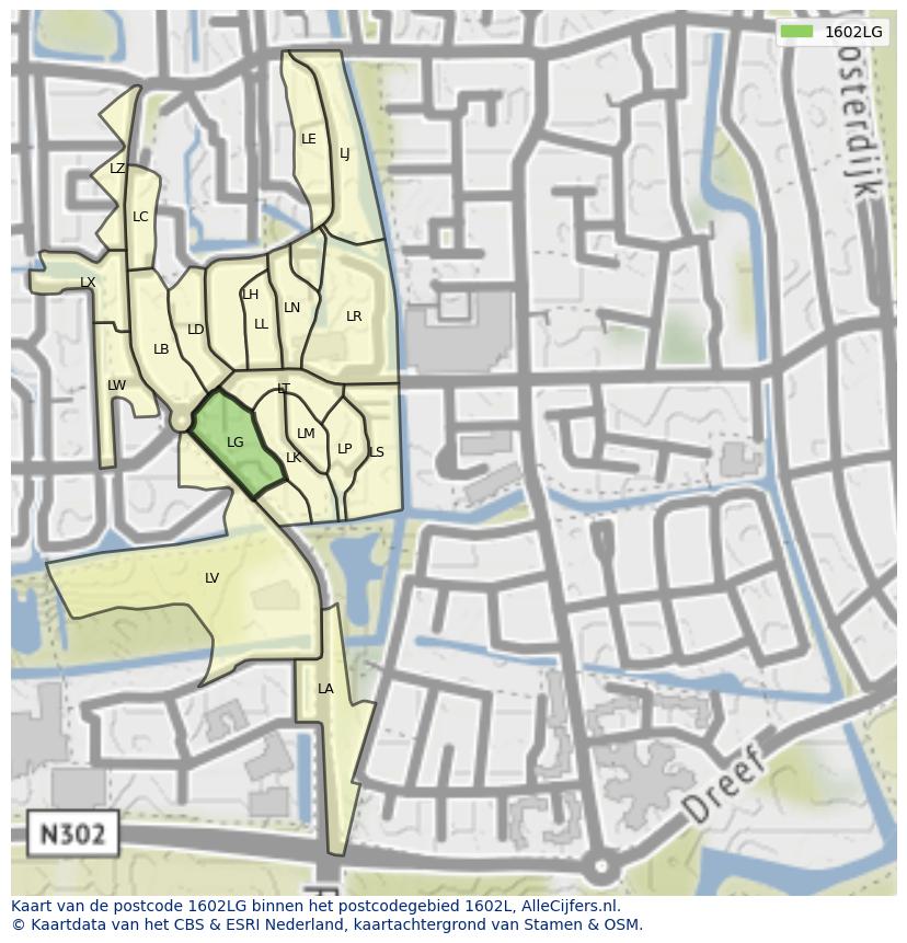 Afbeelding van het postcodegebied 1602 LG op de kaart.