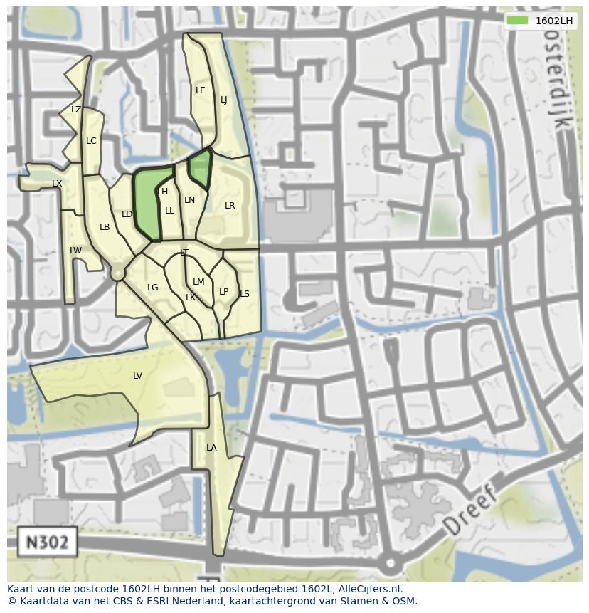Afbeelding van het postcodegebied 1602 LH op de kaart.