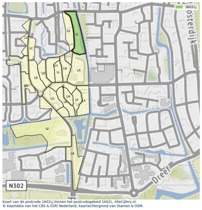Afbeelding van het postcodegebied 1602 LJ op de kaart.