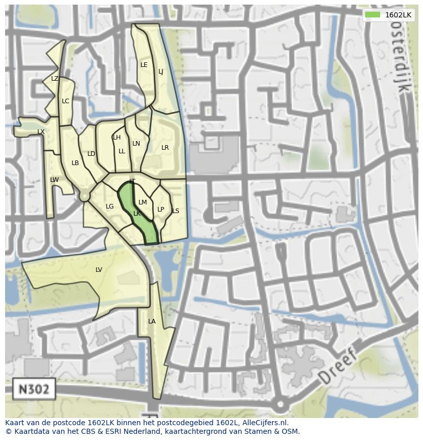 Afbeelding van het postcodegebied 1602 LK op de kaart.