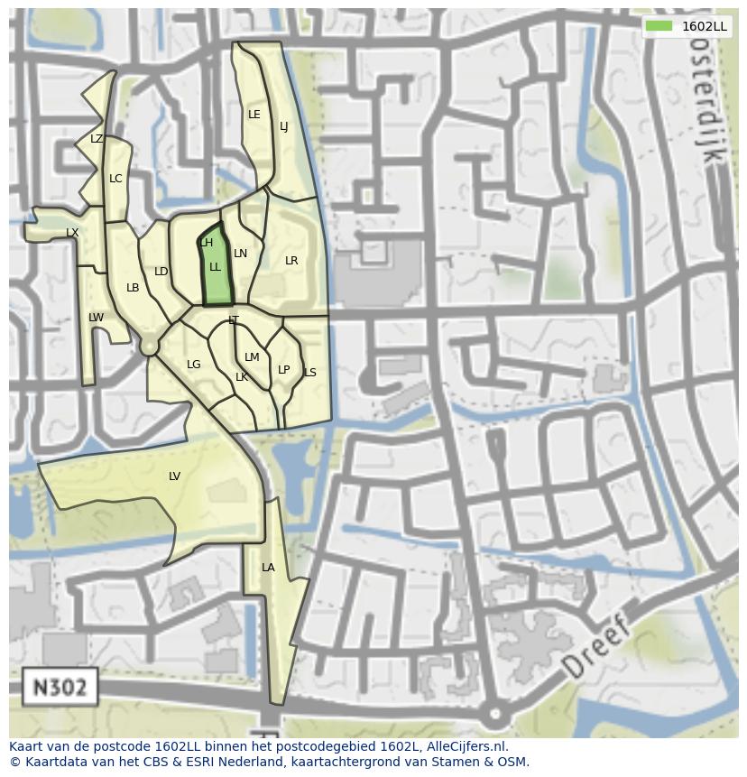 Afbeelding van het postcodegebied 1602 LL op de kaart.
