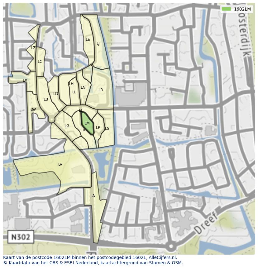 Afbeelding van het postcodegebied 1602 LM op de kaart.