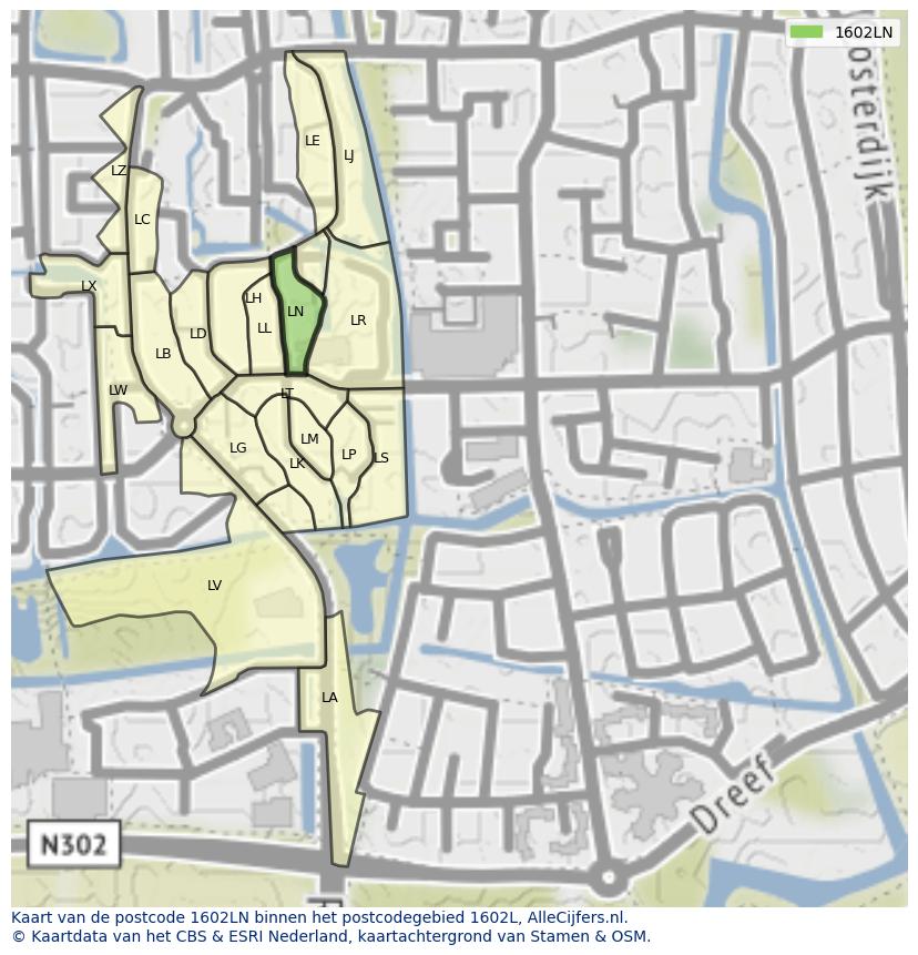 Afbeelding van het postcodegebied 1602 LN op de kaart.