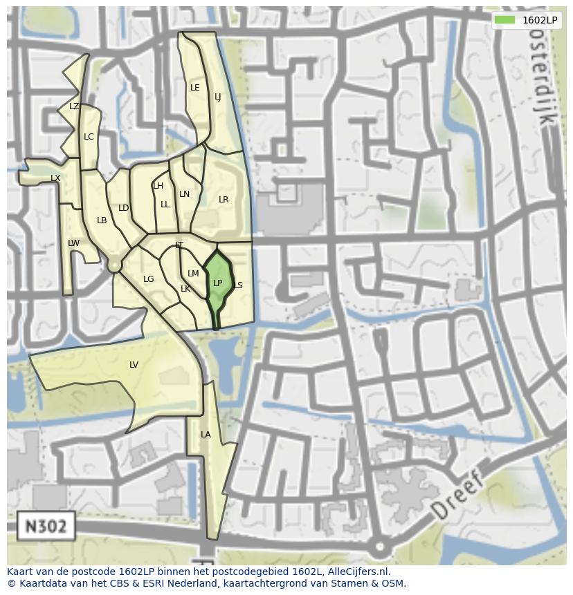 Afbeelding van het postcodegebied 1602 LP op de kaart.