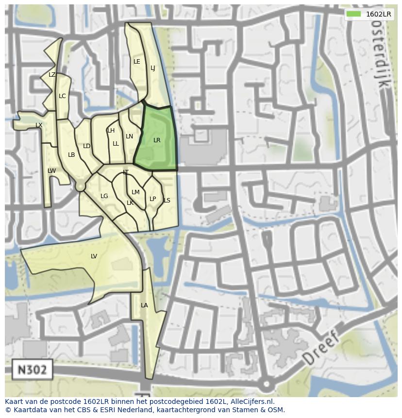 Afbeelding van het postcodegebied 1602 LR op de kaart.