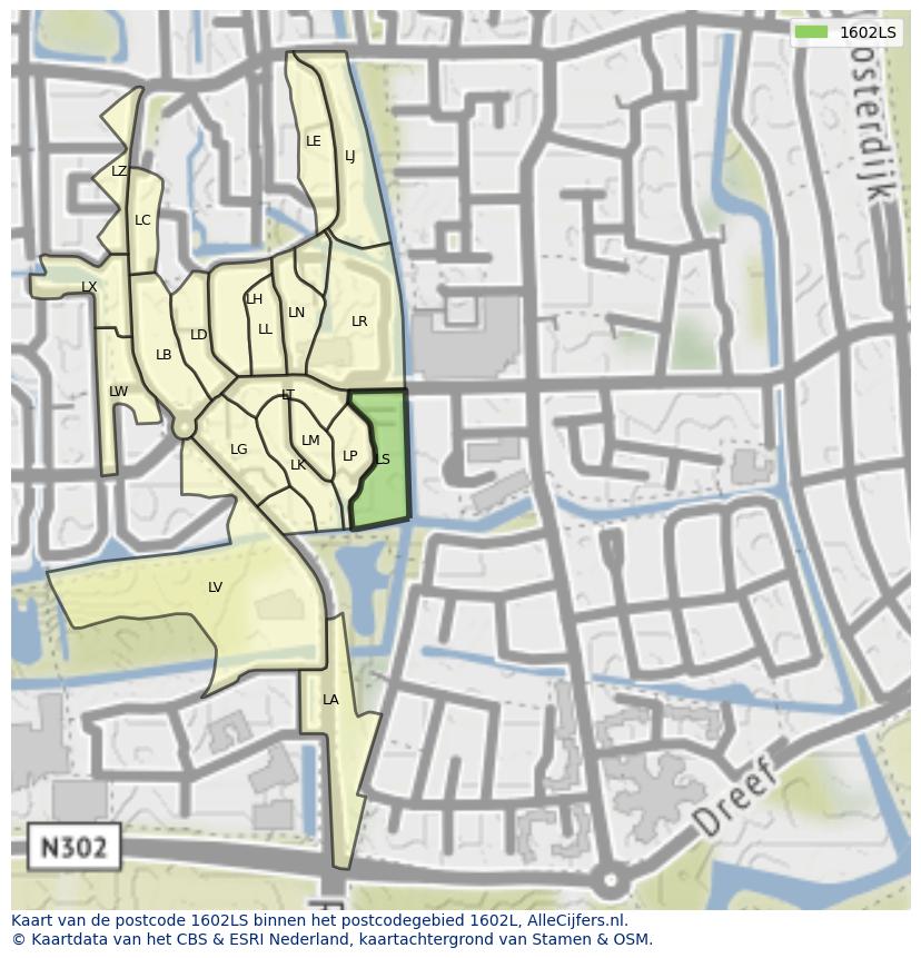 Afbeelding van het postcodegebied 1602 LS op de kaart.