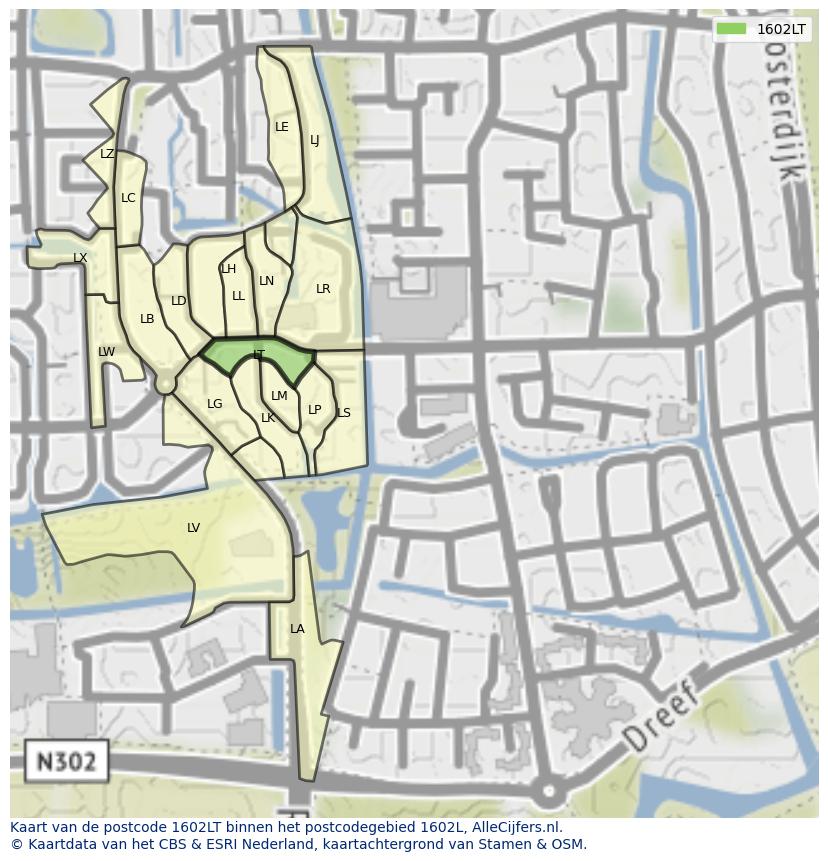 Afbeelding van het postcodegebied 1602 LT op de kaart.