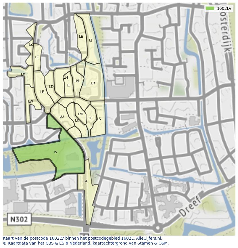 Afbeelding van het postcodegebied 1602 LV op de kaart.