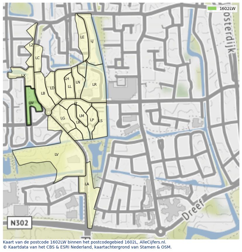 Afbeelding van het postcodegebied 1602 LW op de kaart.
