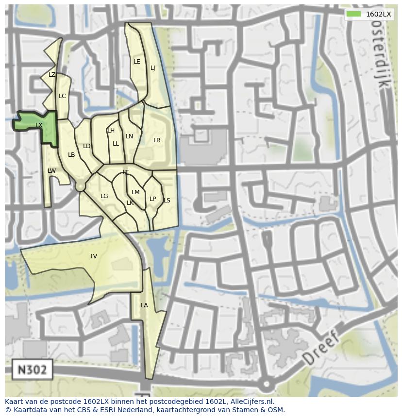 Afbeelding van het postcodegebied 1602 LX op de kaart.
