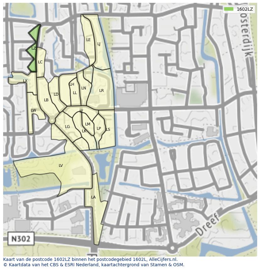 Afbeelding van het postcodegebied 1602 LZ op de kaart.