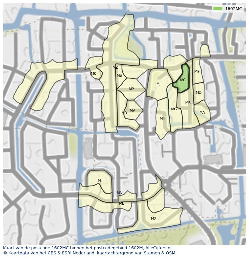 Afbeelding van het postcodegebied 1602 MC op de kaart.