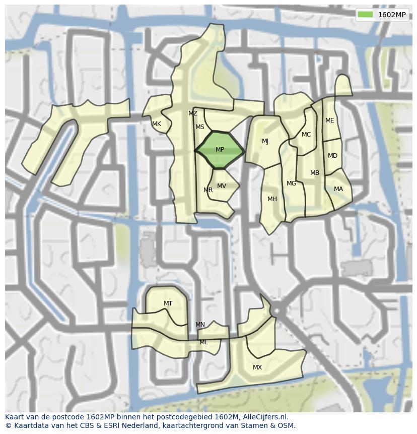 Afbeelding van het postcodegebied 1602 MP op de kaart.