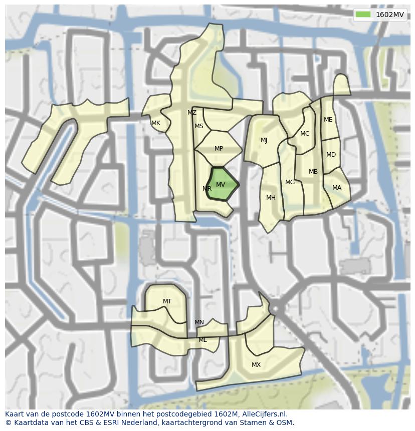 Afbeelding van het postcodegebied 1602 MV op de kaart.