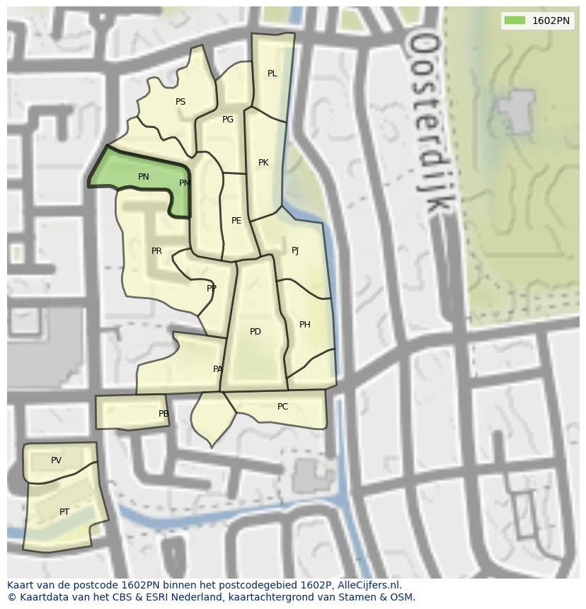 Afbeelding van het postcodegebied 1602 PN op de kaart.