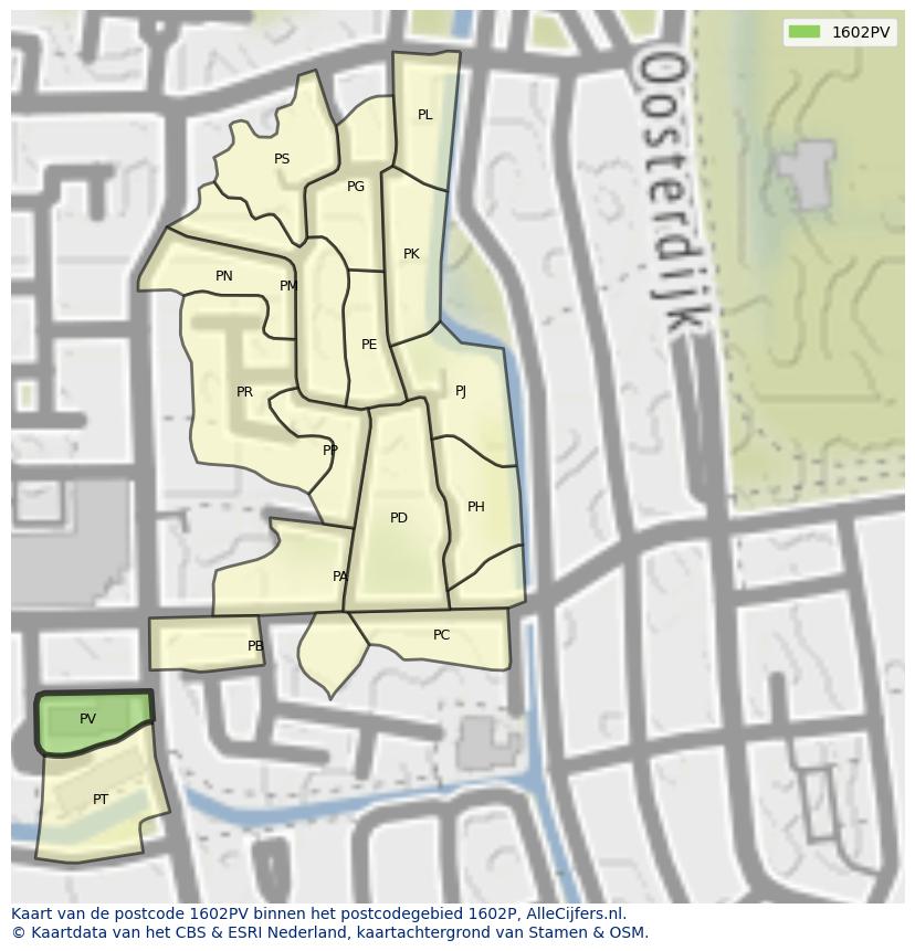 Afbeelding van het postcodegebied 1602 PV op de kaart.