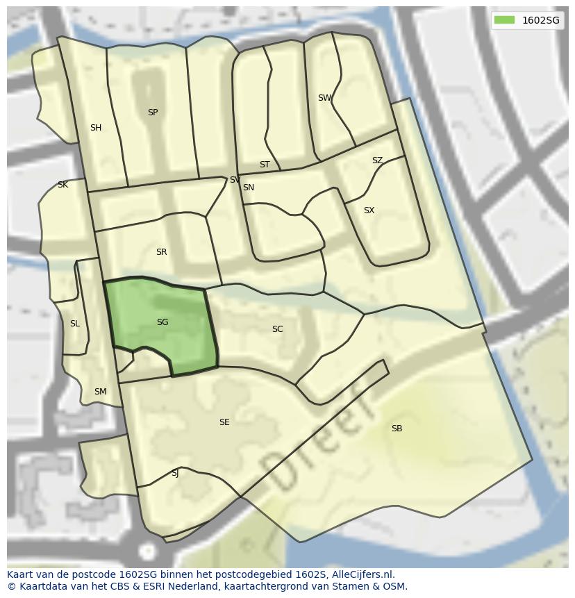 Afbeelding van het postcodegebied 1602 SG op de kaart.
