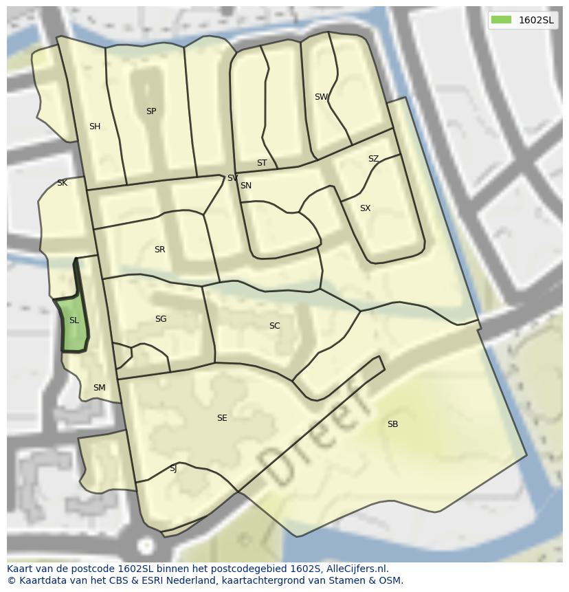 Afbeelding van het postcodegebied 1602 SL op de kaart.