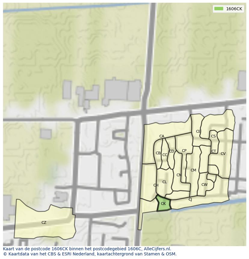 Afbeelding van het postcodegebied 1606 CK op de kaart.
