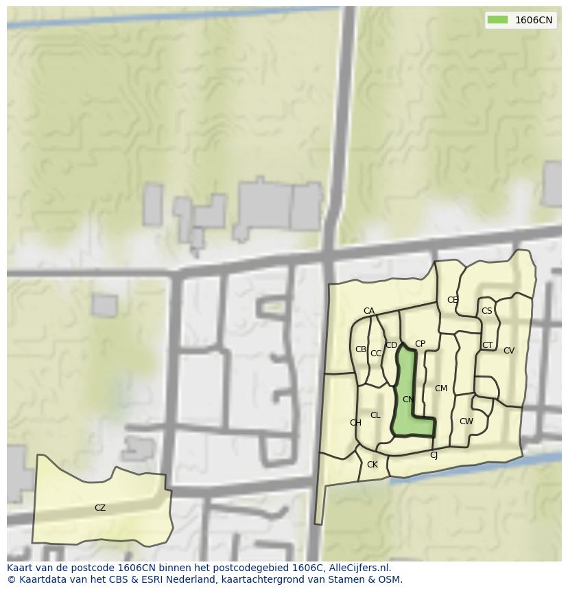 Afbeelding van het postcodegebied 1606 CN op de kaart.