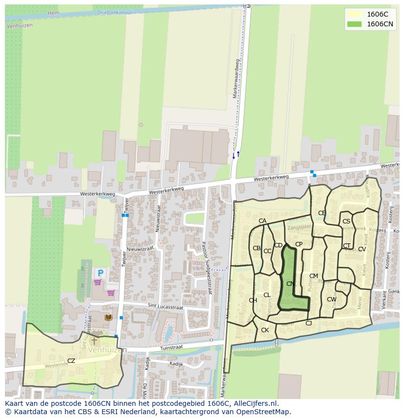 Afbeelding van het postcodegebied 1606 CN op de kaart.