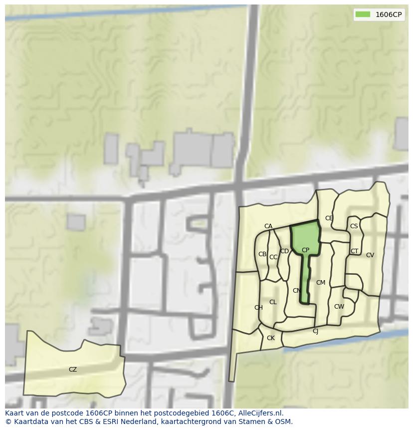 Afbeelding van het postcodegebied 1606 CP op de kaart.