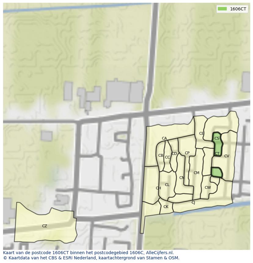 Afbeelding van het postcodegebied 1606 CT op de kaart.