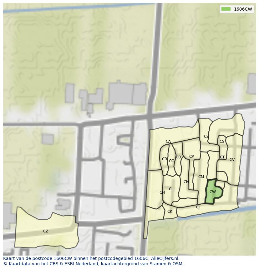 Afbeelding van het postcodegebied 1606 CW op de kaart.