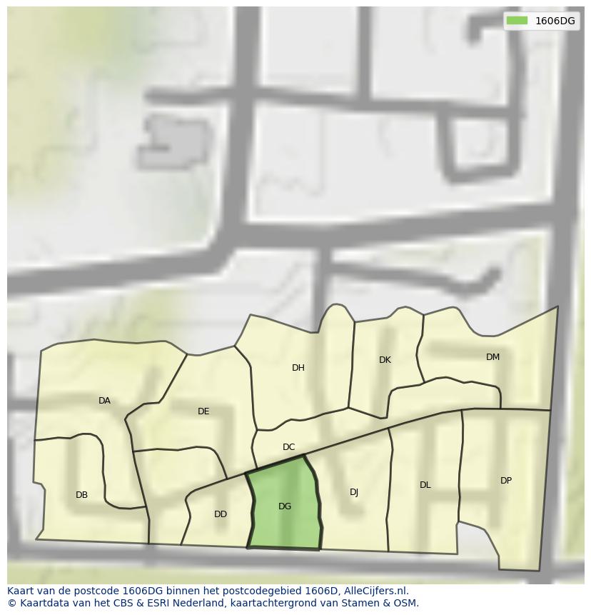 Afbeelding van het postcodegebied 1606 DG op de kaart.