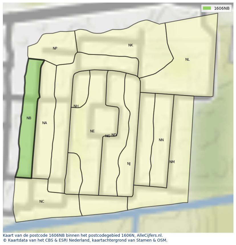 Afbeelding van het postcodegebied 1606 NB op de kaart.