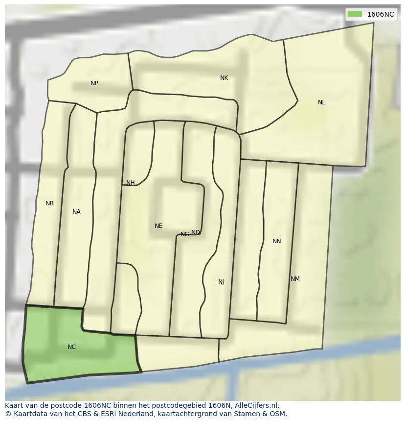 Afbeelding van het postcodegebied 1606 NC op de kaart.