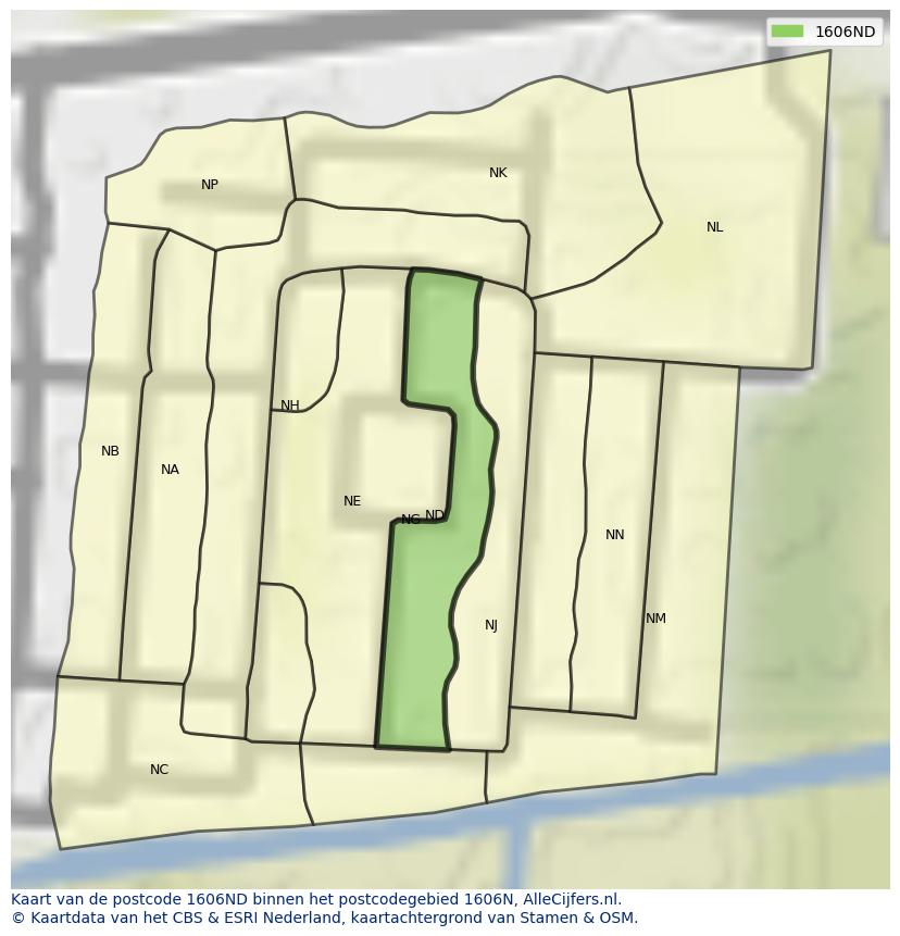 Afbeelding van het postcodegebied 1606 ND op de kaart.