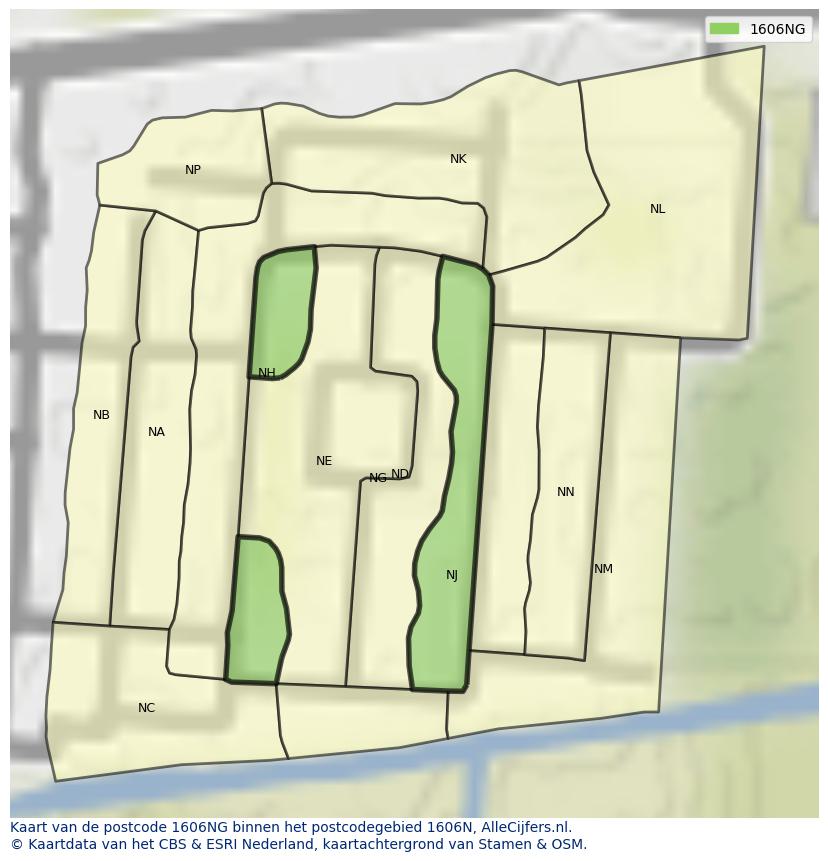Afbeelding van het postcodegebied 1606 NG op de kaart.