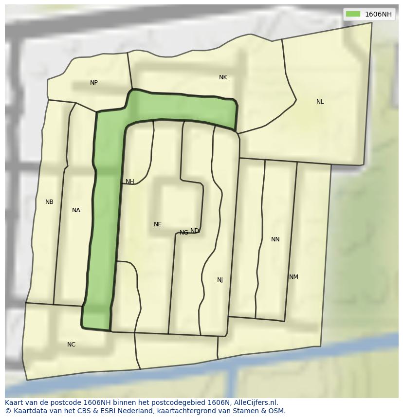 Afbeelding van het postcodegebied 1606 NH op de kaart.
