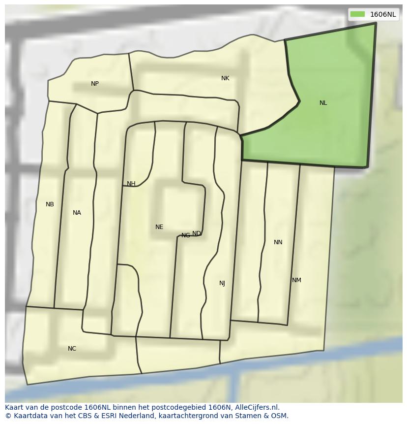 Afbeelding van het postcodegebied 1606 NL op de kaart.