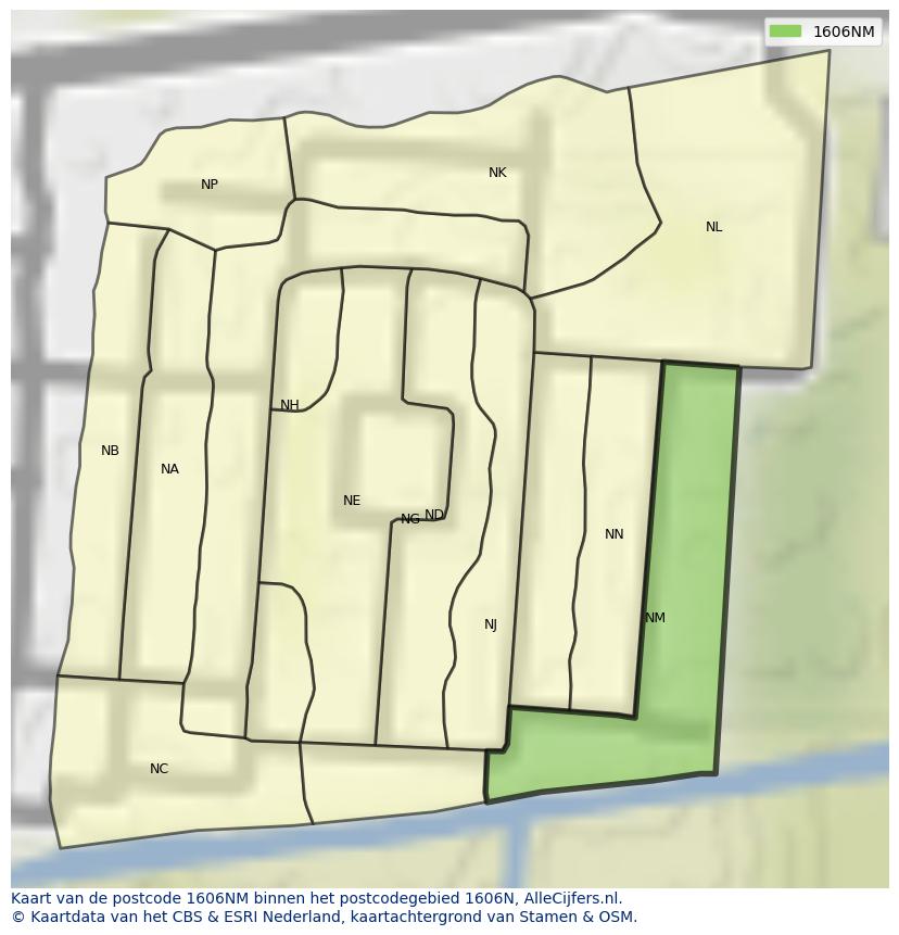 Afbeelding van het postcodegebied 1606 NM op de kaart.