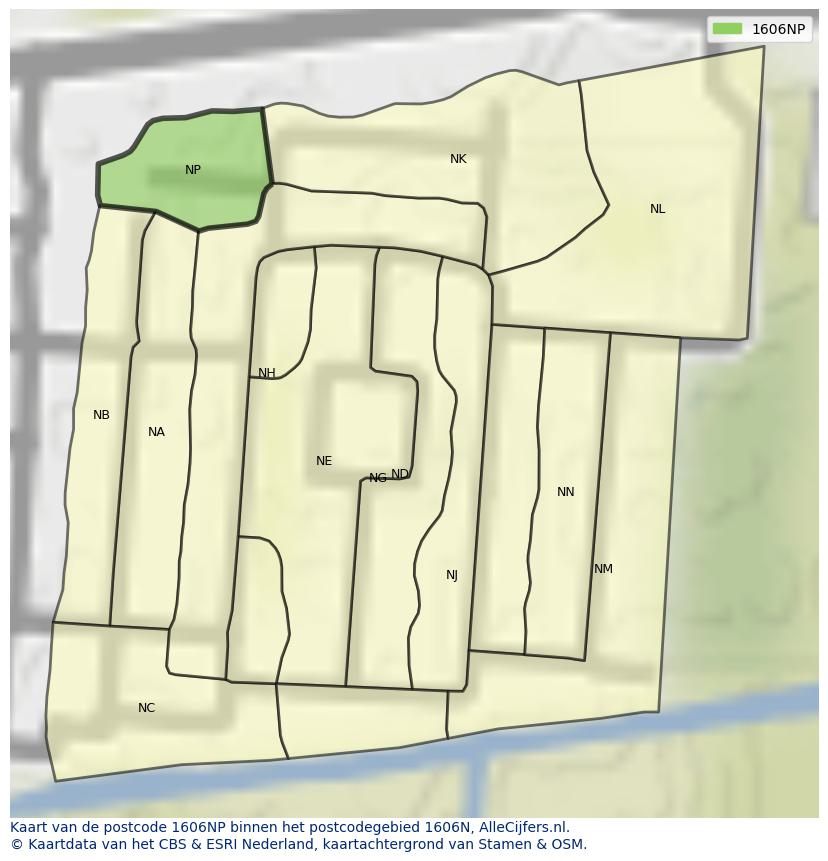 Afbeelding van het postcodegebied 1606 NP op de kaart.