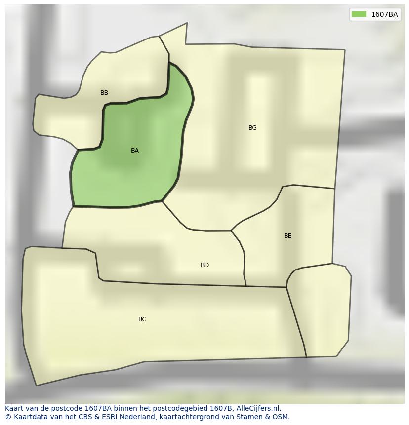Afbeelding van het postcodegebied 1607 BA op de kaart.