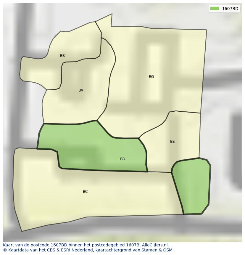 Afbeelding van het postcodegebied 1607 BD op de kaart.