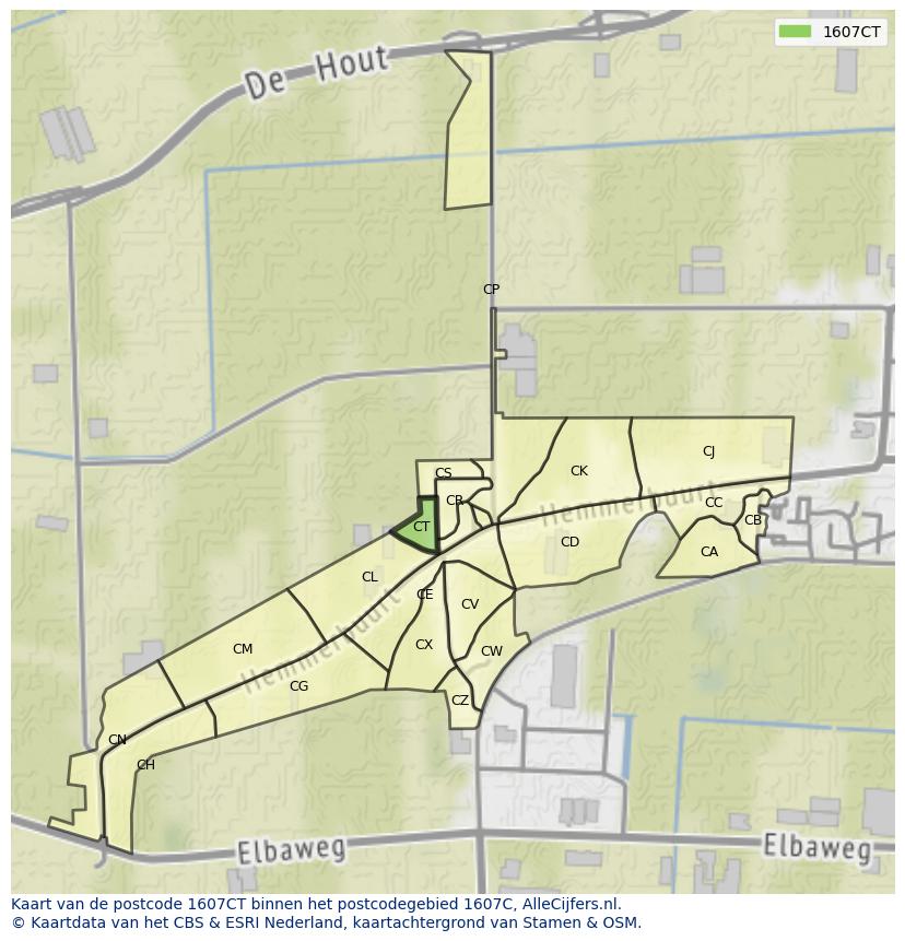 Afbeelding van het postcodegebied 1607 CT op de kaart.
