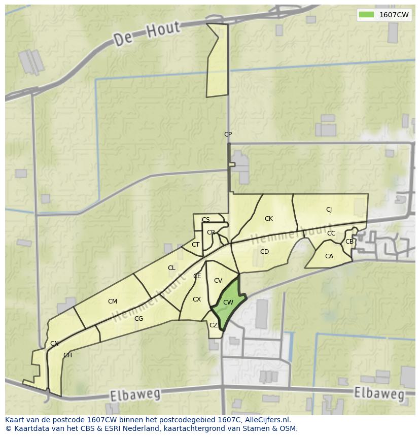 Afbeelding van het postcodegebied 1607 CW op de kaart.