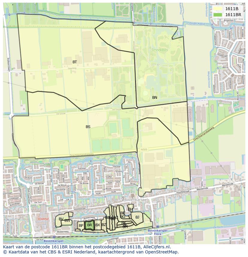 Afbeelding van het postcodegebied 1611 BR op de kaart.