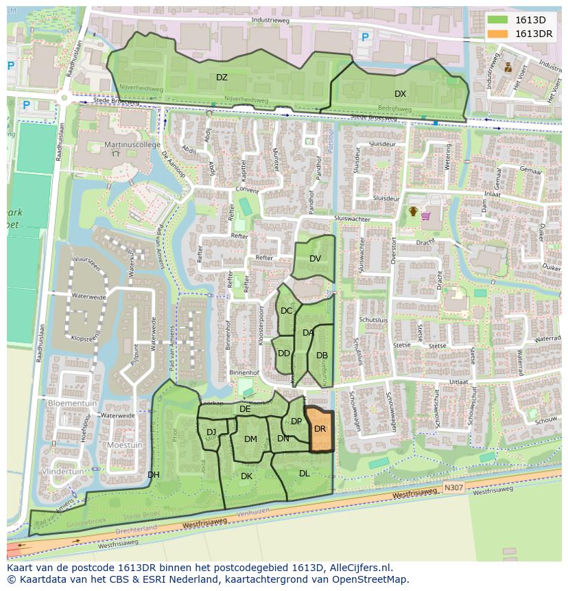 Afbeelding van het postcodegebied 1613 DR op de kaart.